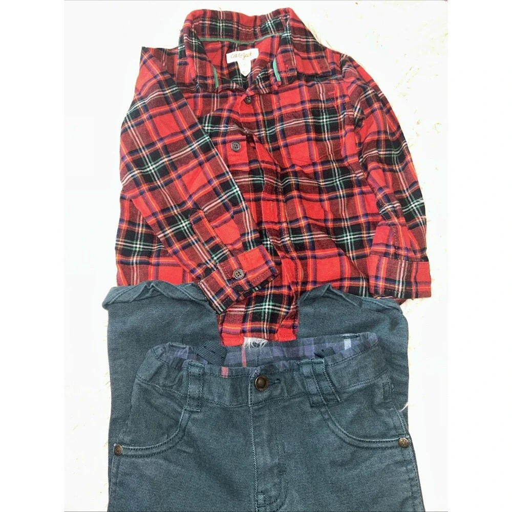 3T Boys Christmas Outfit Cat & Jack Plaid Button Up Geniune kids OshKosh Pants